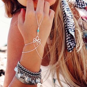 3/$20...Boho Silver + Turquoise Wrist Finger Chain